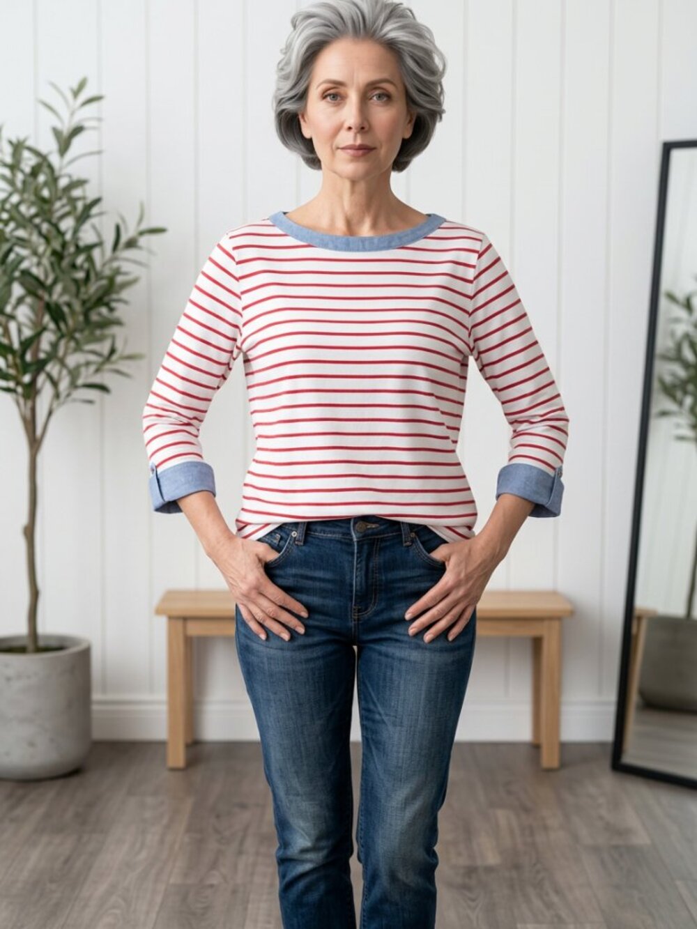 Nautica Red/White/Blue Striped 3/4 Sleeve Top with Scoop Neckline Size XL